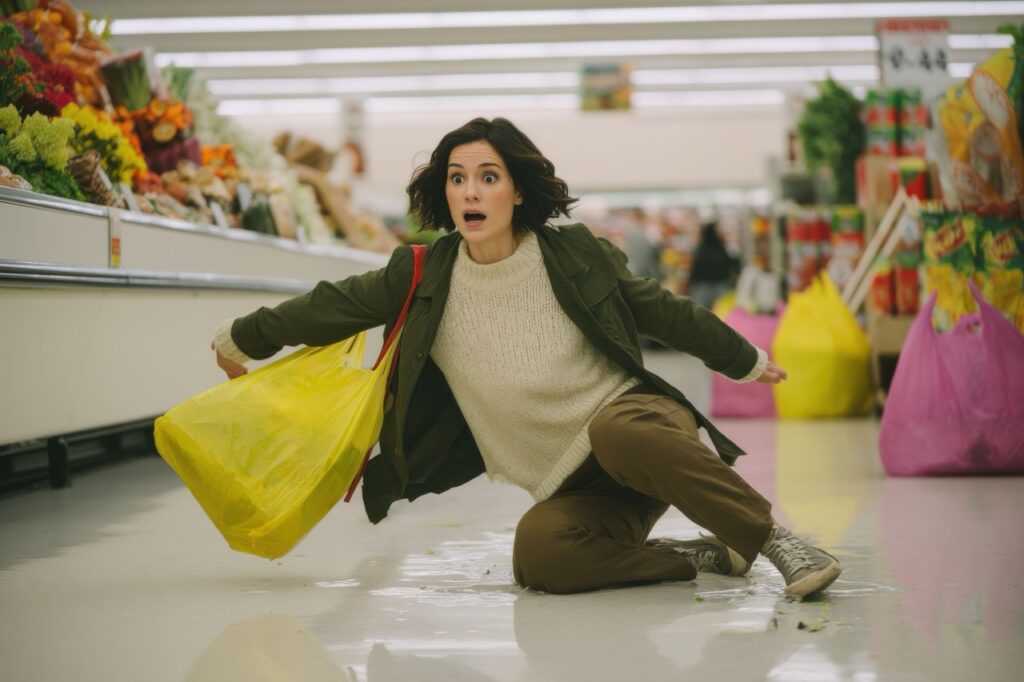 woman tripping and falling in the grocery store