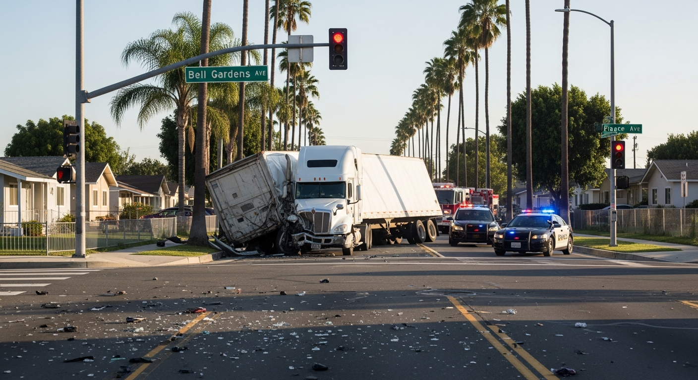 Source: Compass Law Group | Jackknifed semi-truck with first responders | Bell Gardens, CA