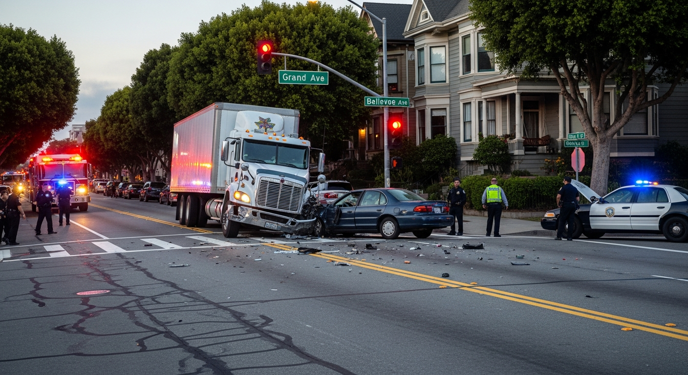 Source: Compass Law Group | Jackknifed semi-truck with first responders | Oakland, CA
