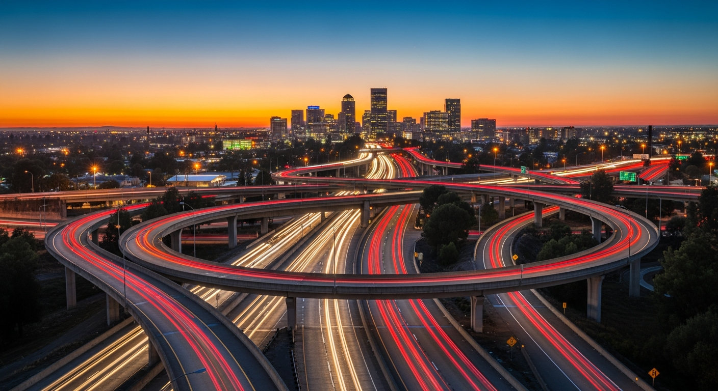 Car accident scene on Los Angeles highway with multiple vehicles