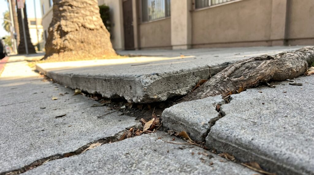 Broken Los Angeles sidewalk with raised concrete seam and cracks