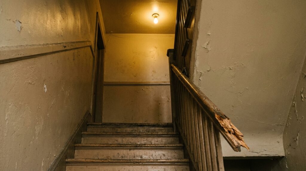 Poorly lit California apartment stairwell with worn steps and missing handrail