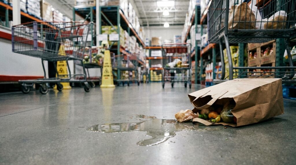 Woman falling on a slippery big-box retail floor with spilled liquid