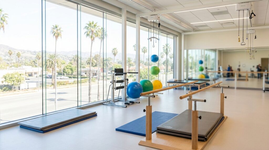 Physical therapy parallel bars and exercise equipment at a California spinal rehab center