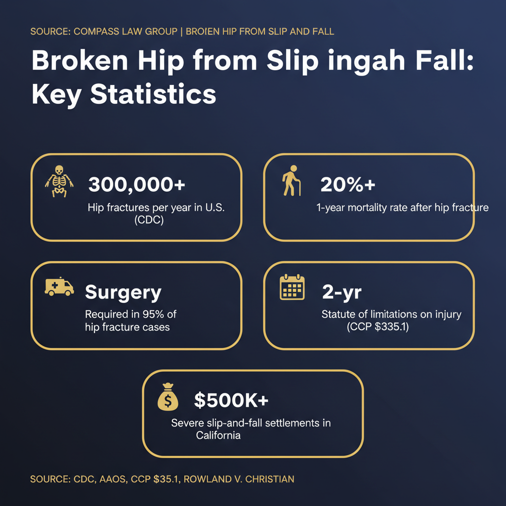 Broken Hip from Slip and Fall statistics infographic — Compass Law Group