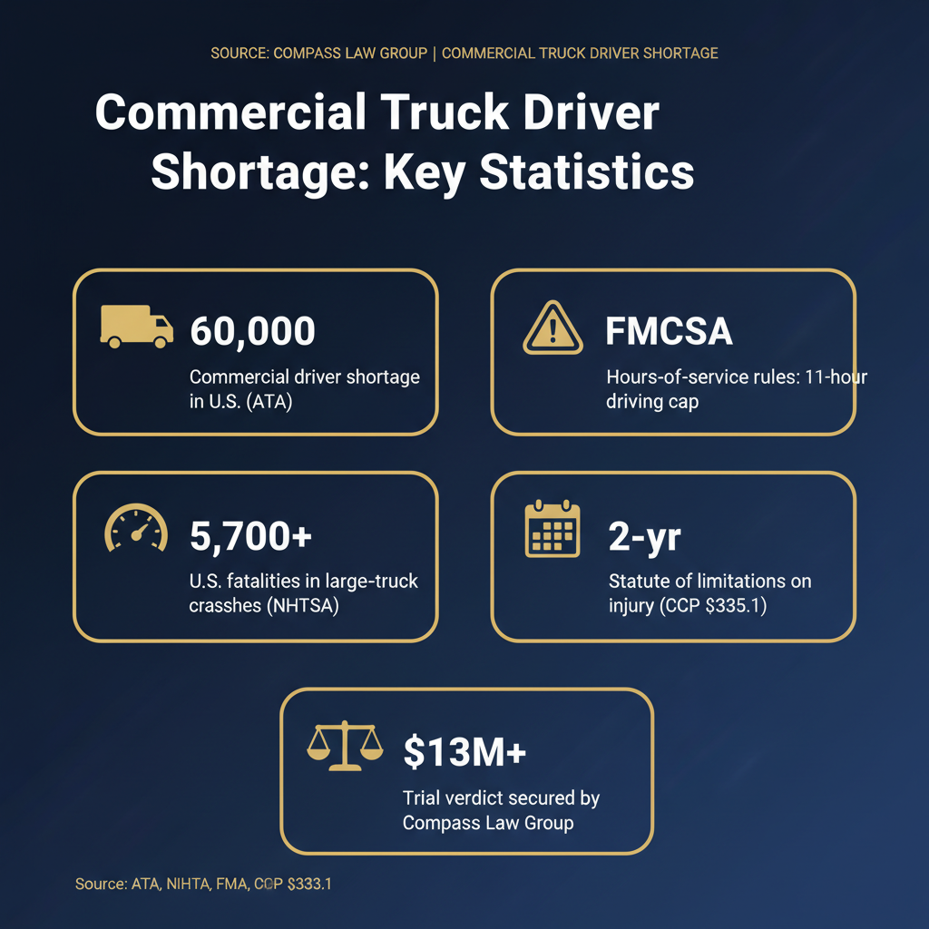 Commercial Truck Driver Shortage statistics infographic — Compass Law Group