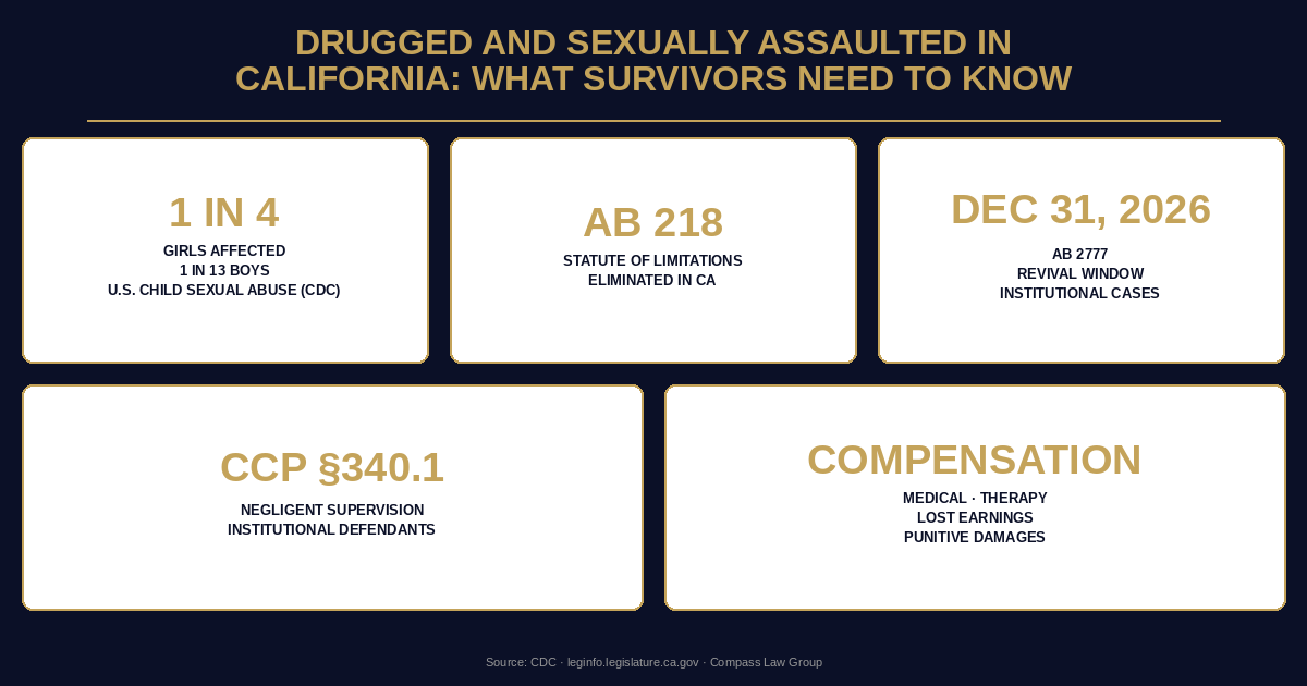 Drugged and Sexually Assaulted in California: What Survivors Need to Know statistics infographic — Compass Law Group
