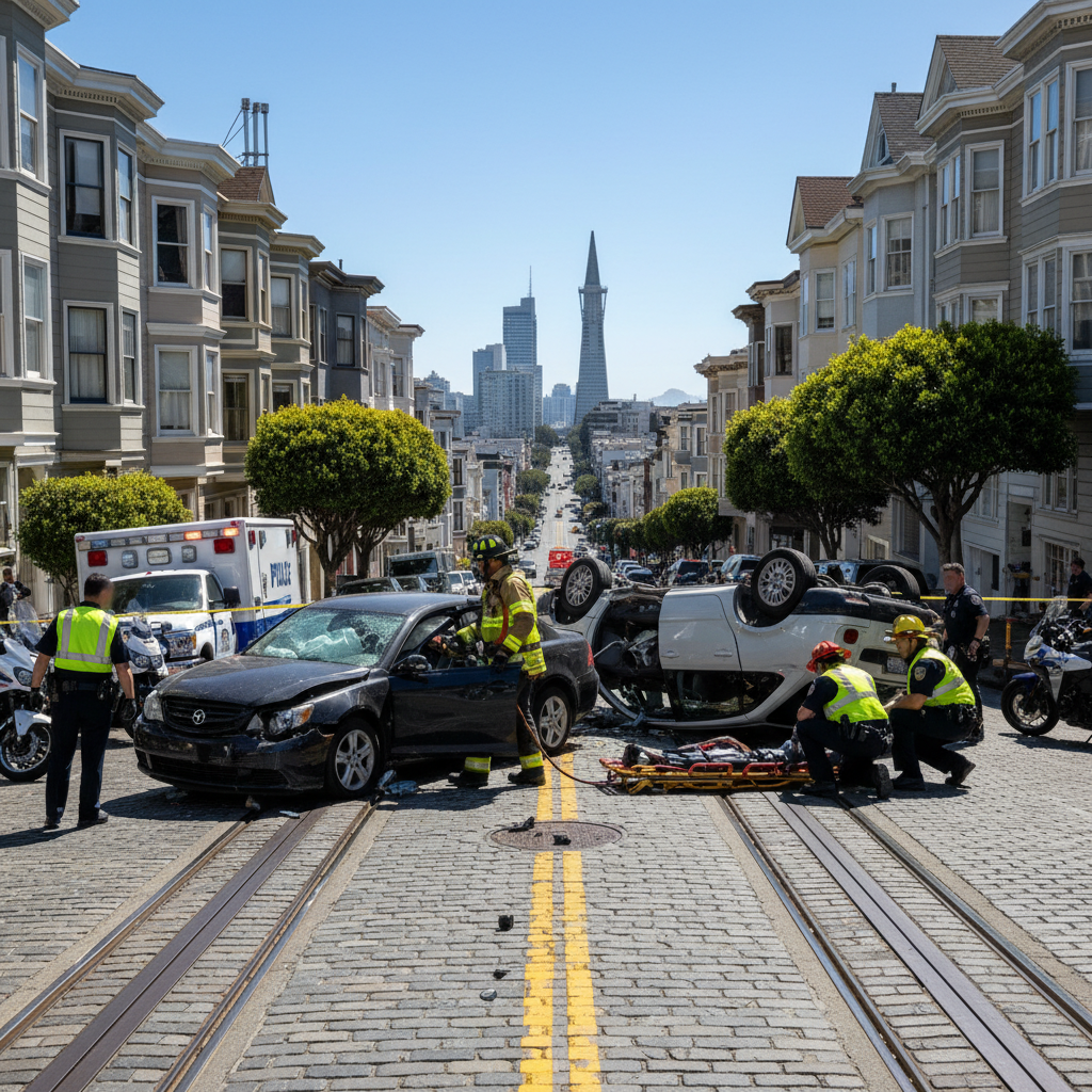 Car accident scene in San Francisco, California