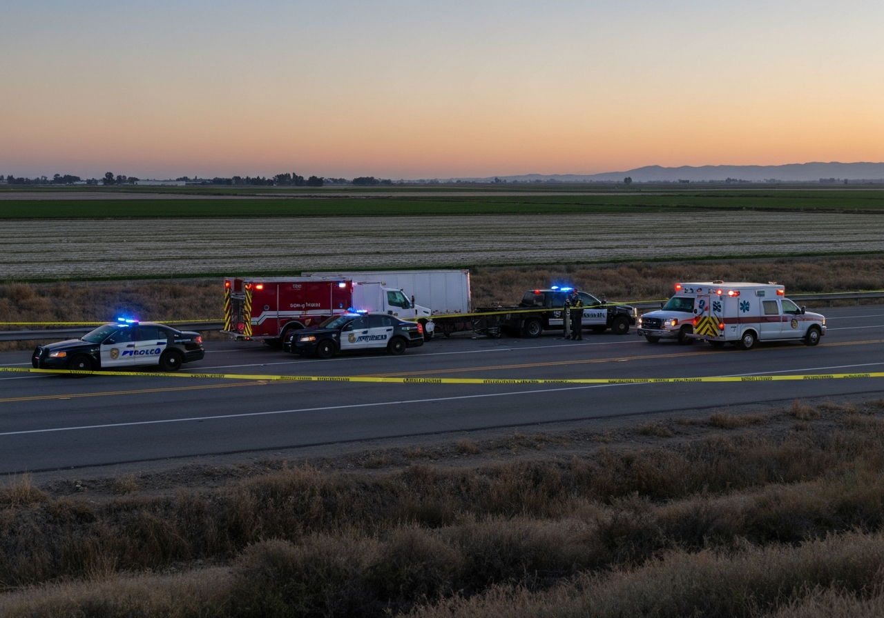 CHP and emergency vehicles at Fresno County road crash scene — truck accident investigation