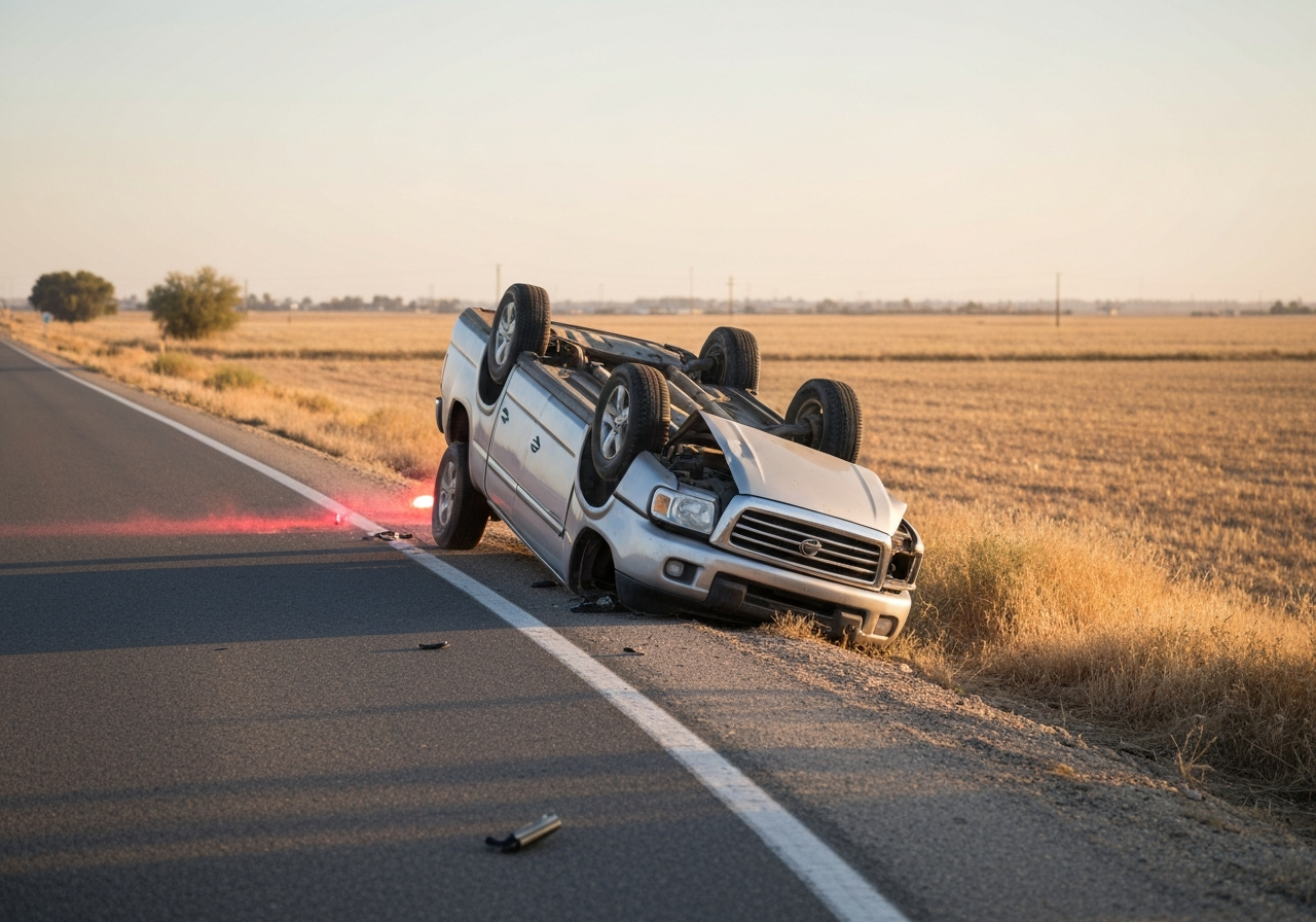 Overturned pickup truck on California rural road — wrongful death truck accident claim