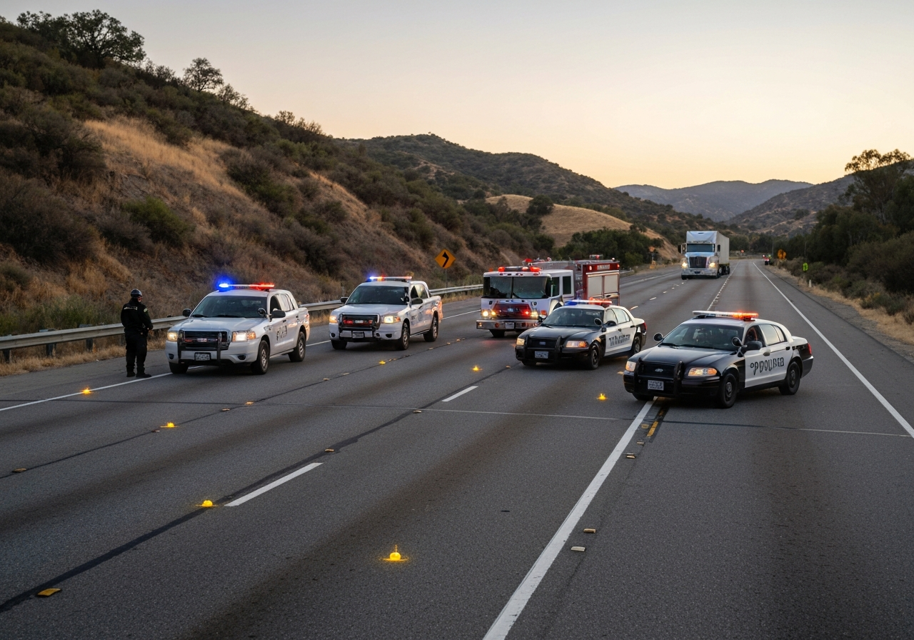 Emergency vehicles blocking closed I-5 freeway lanes at the Grapevine — truck accident scene California