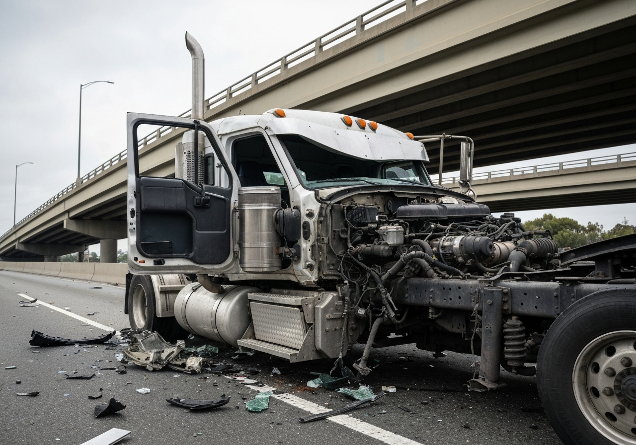 Damaged commercial truck cab on California freeway after crash — truck accident liability