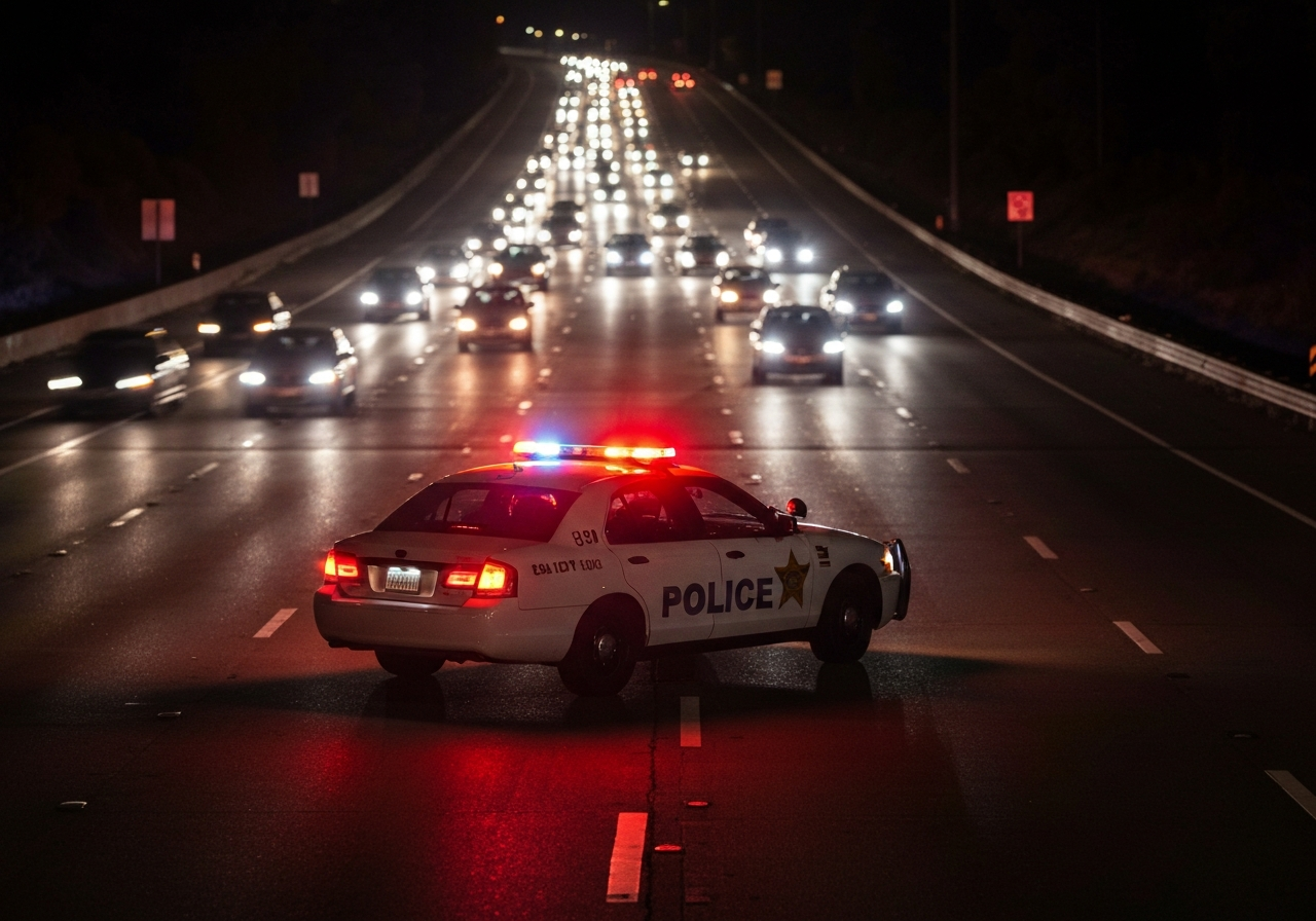 Emergency vehicles blocking closed freeway lanes at night — truck accident scene Los Angeles