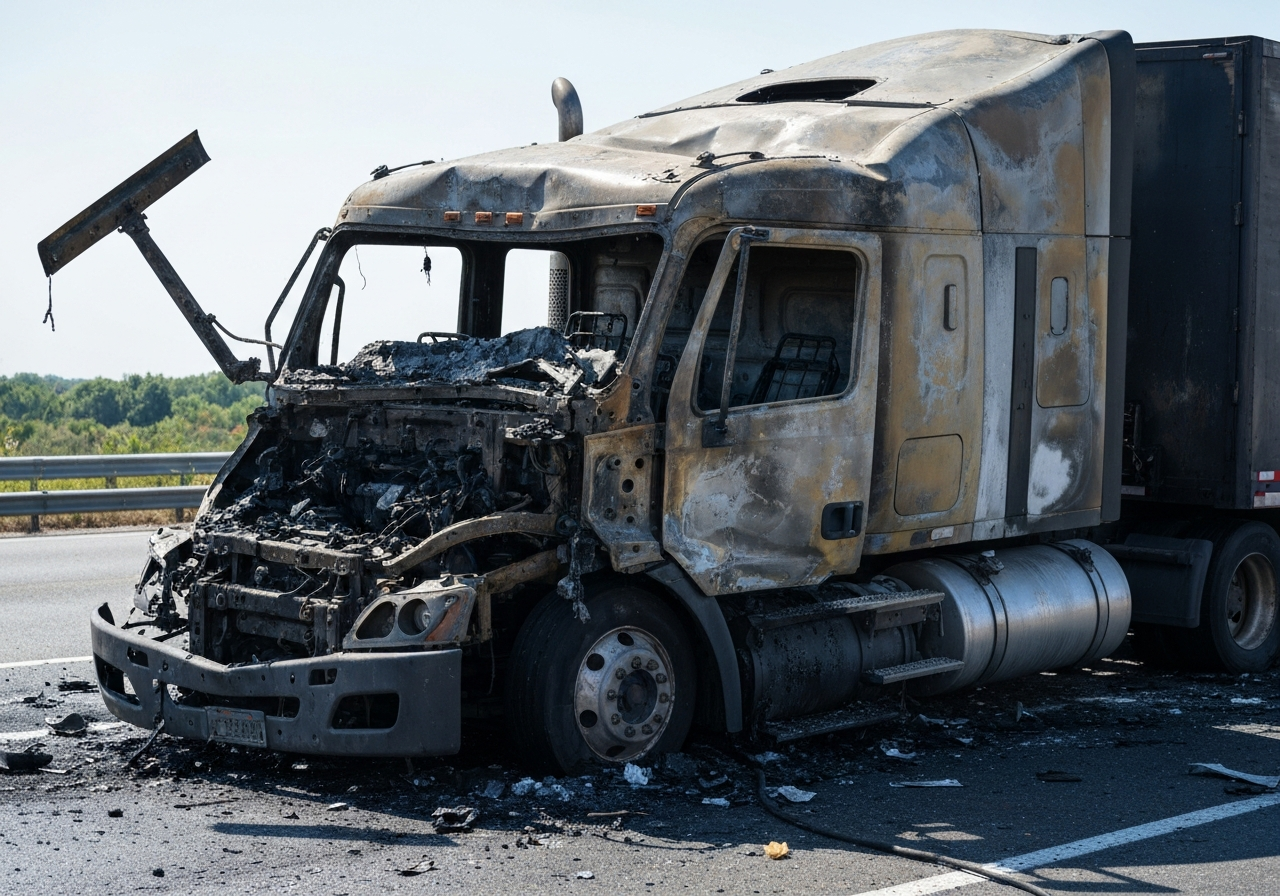 Burned commercial truck cab after freeway crash — truck accident liability California