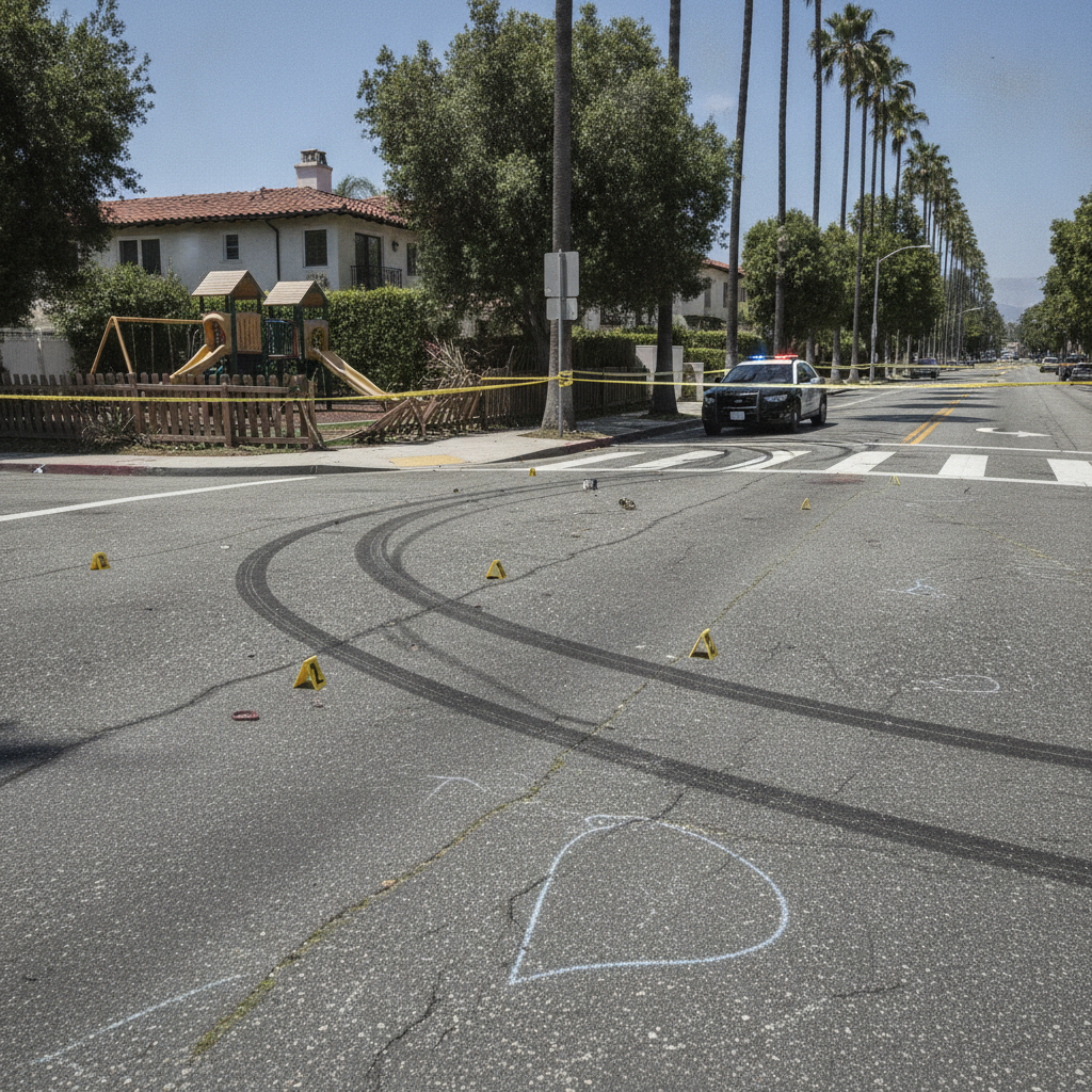 Runaway vehicle accident scene at Beverly Hills intersection showing police tape and crash investigation
