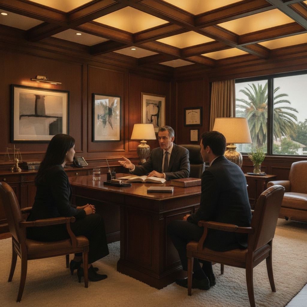 Personal injury attorney consulting with client at Beverly Hills law office after runaway vehicle accident