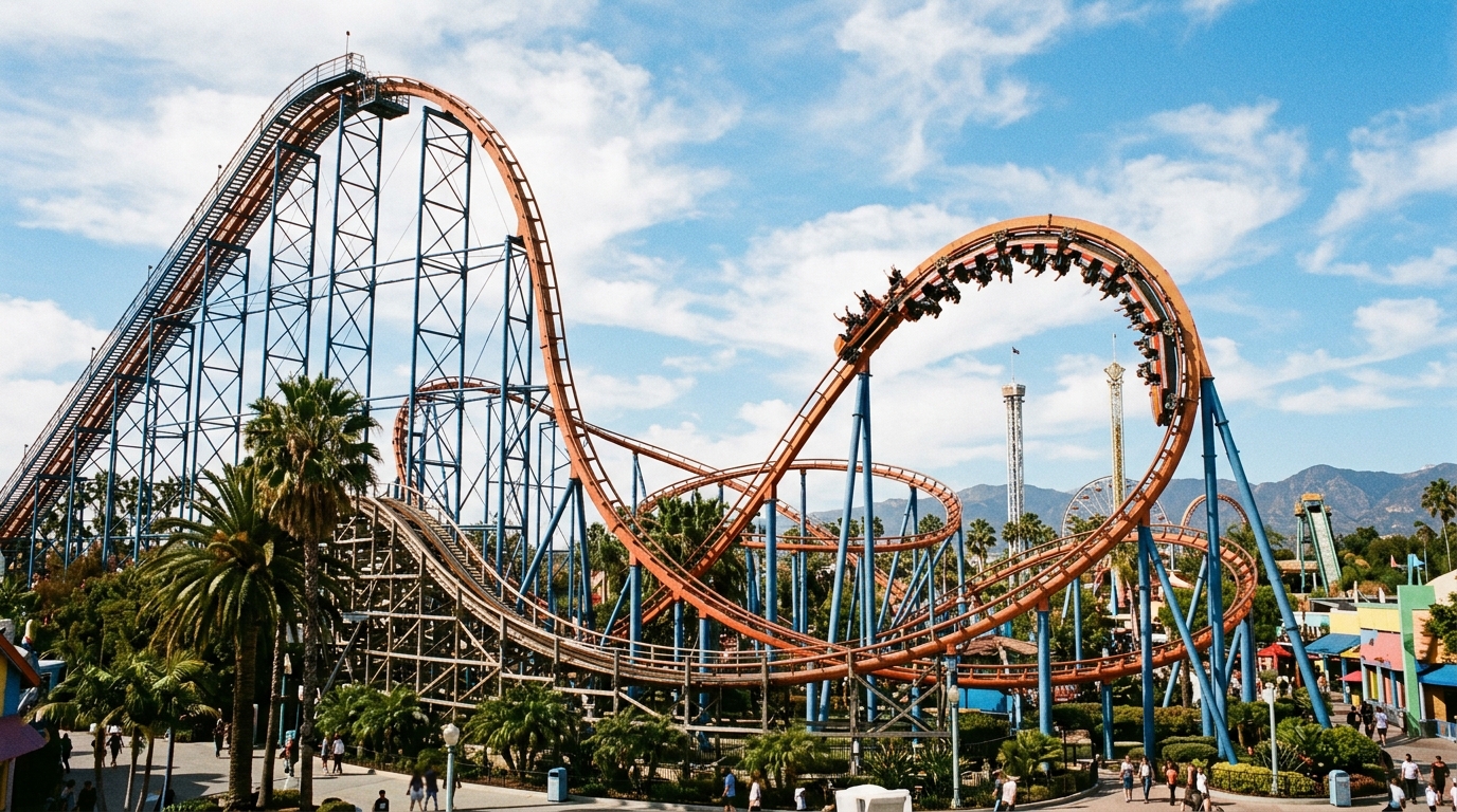 A roller coaster against a blue sky at a California amusement park
