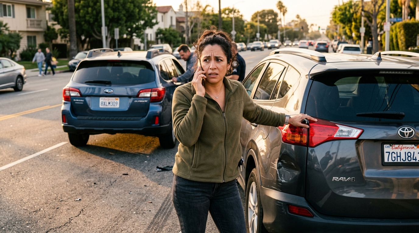 A driver on the phone beside a car after a minor collision