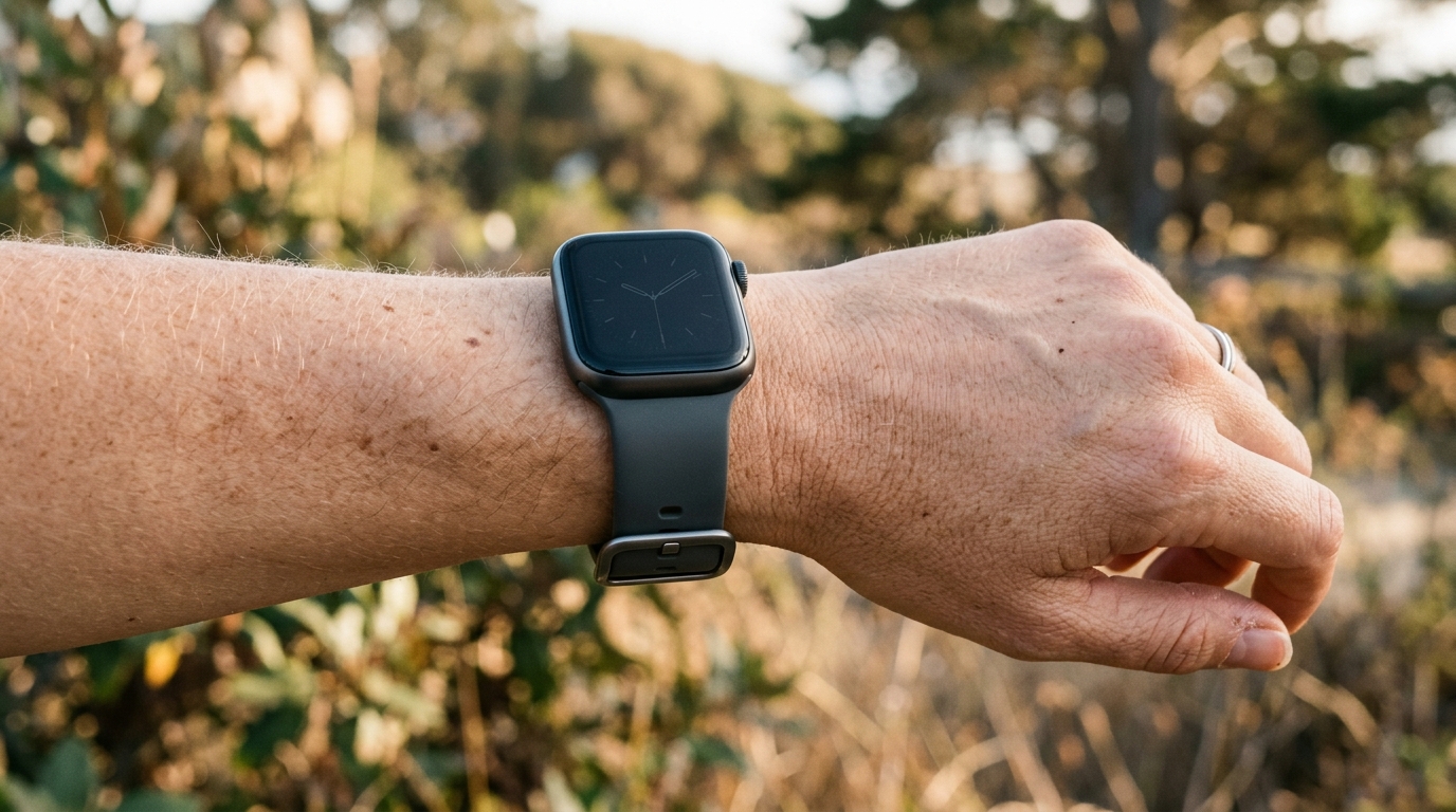 A person wearing a smartwatch on their wrist