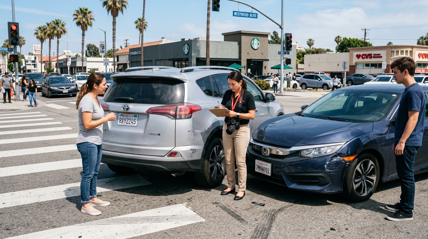 Two vehicles after a collision at a California intersection