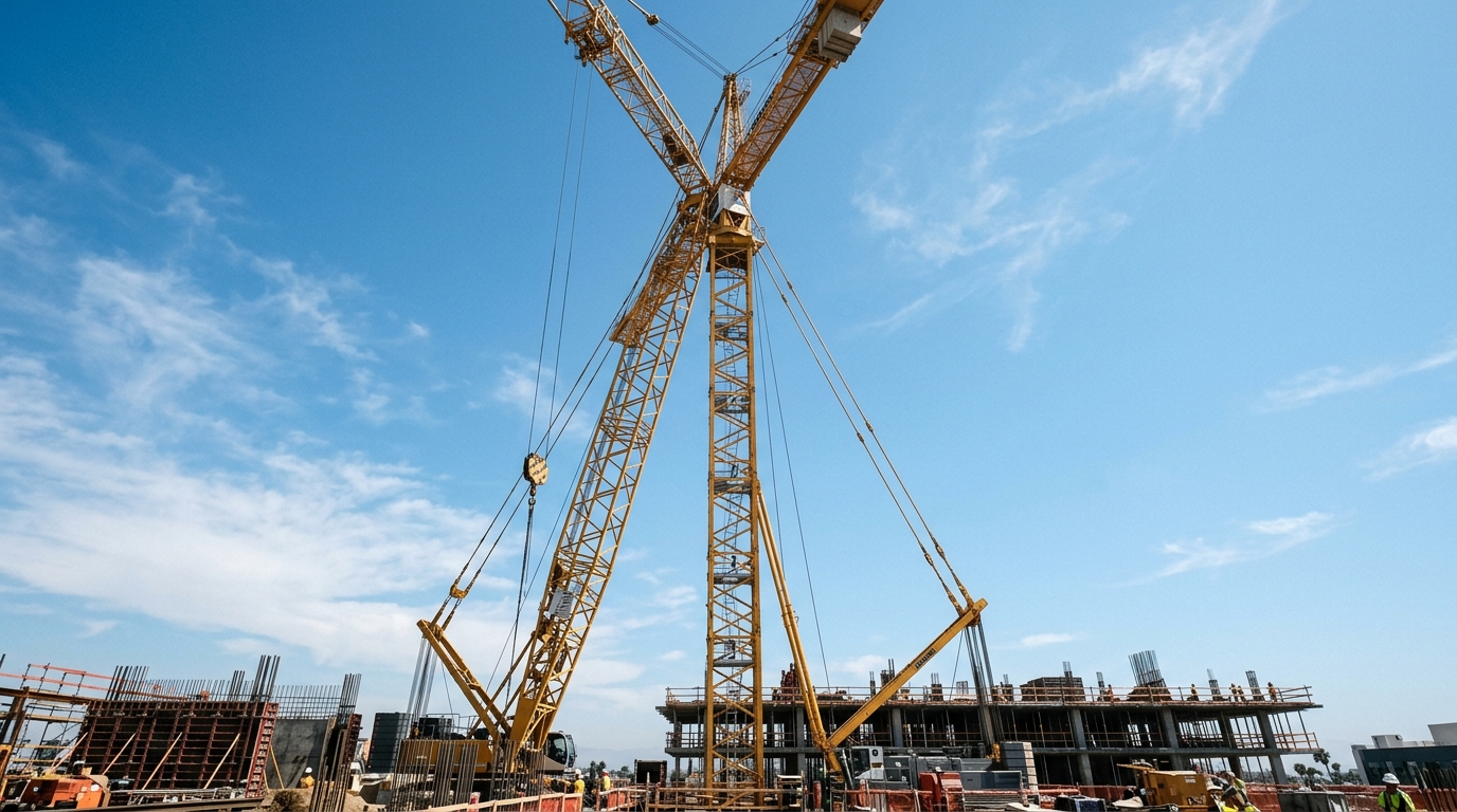 A tower crane rising over a California construction site against a blue sky