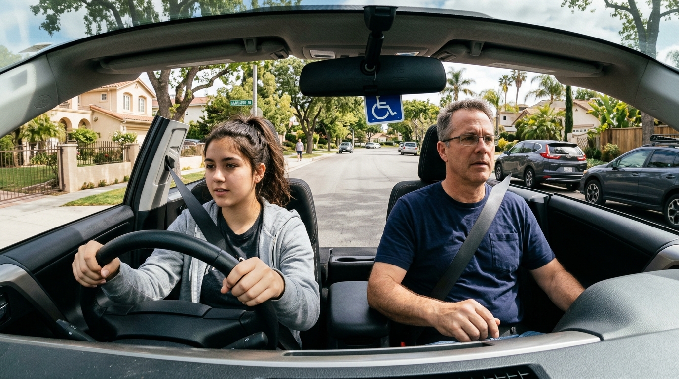 A teenage driver at the wheel with a parent supervising in the passenger seat