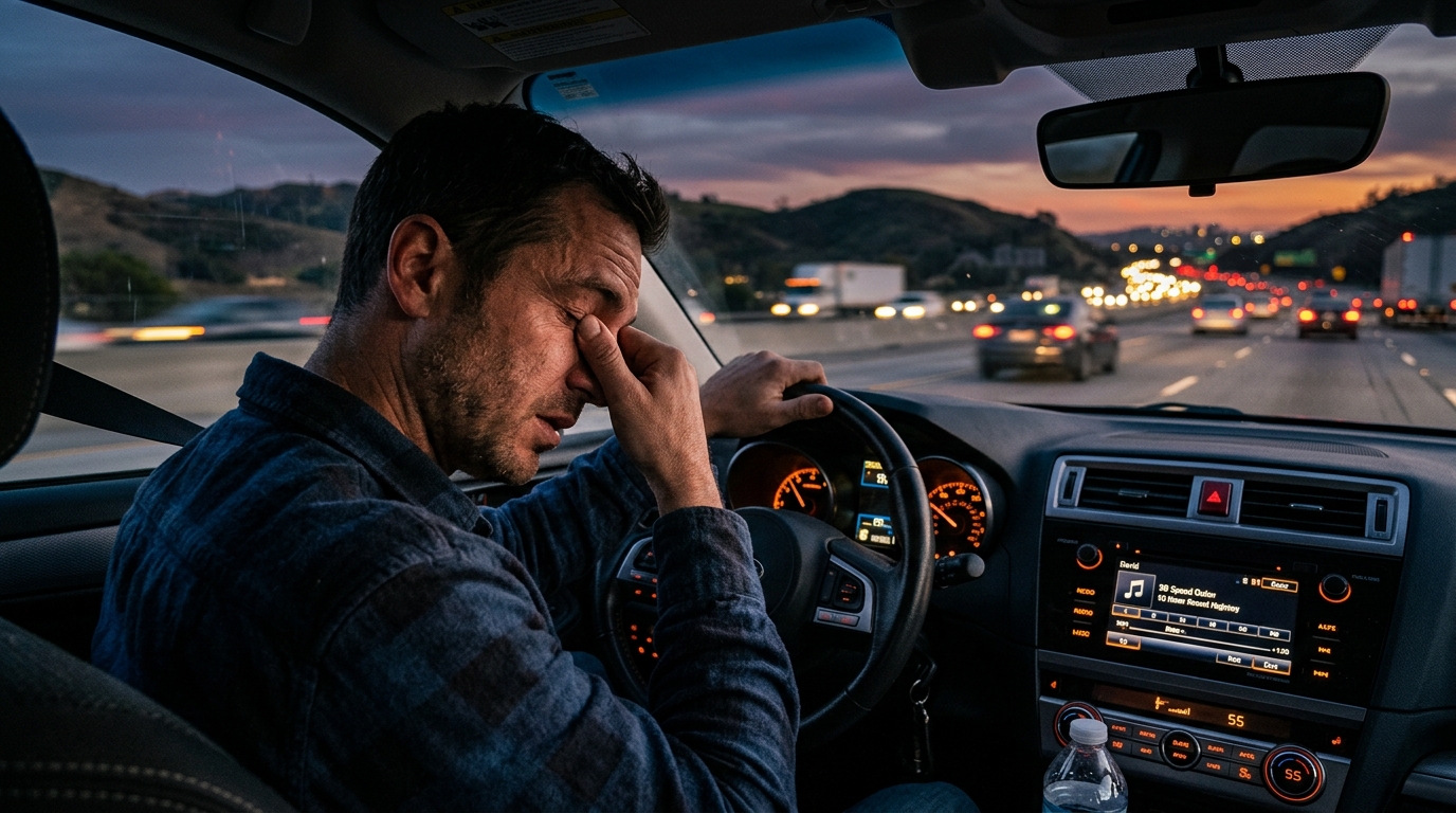 A fatigued driver rubbing their eyes at the wheel at dusk