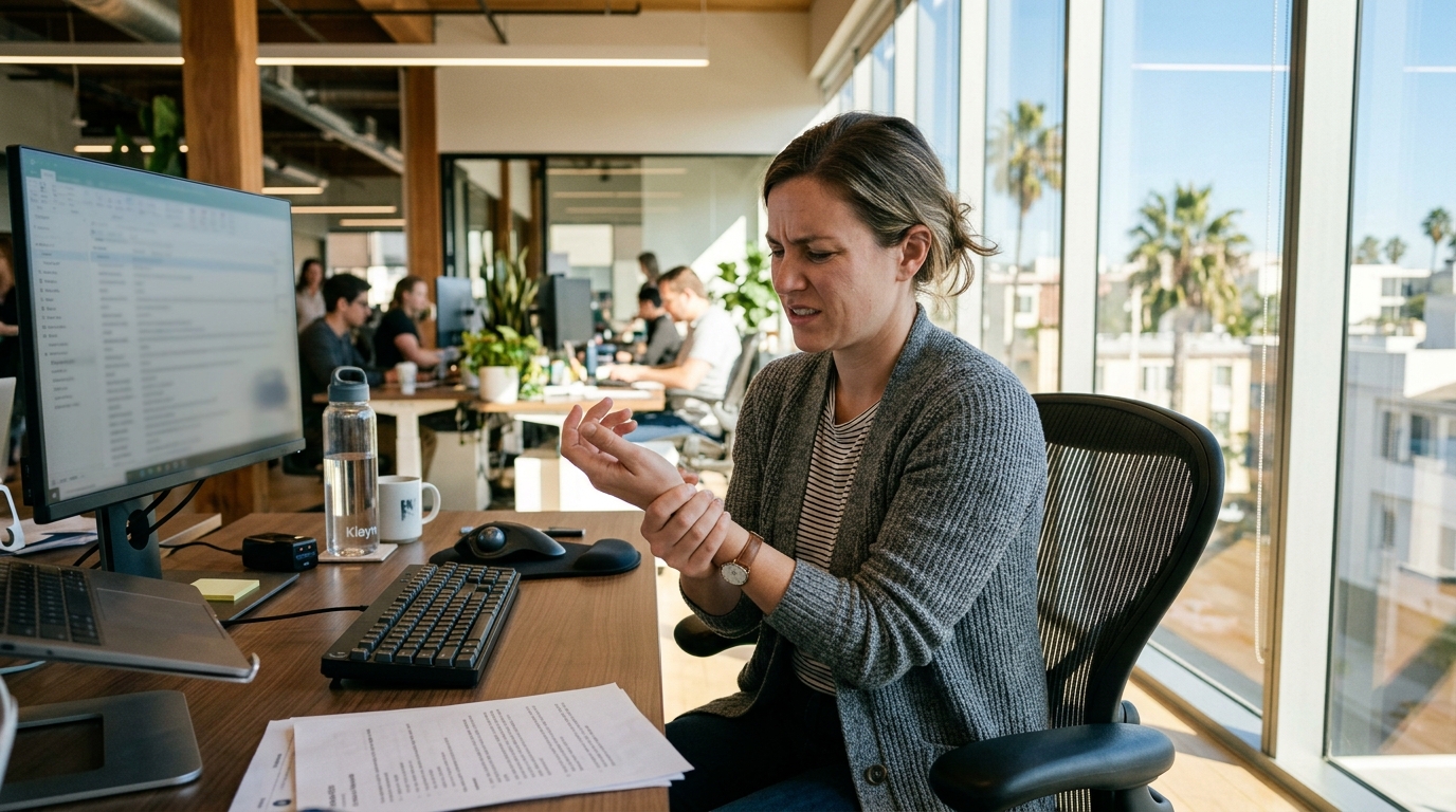 An office worker holding their wrist in pain at a desk