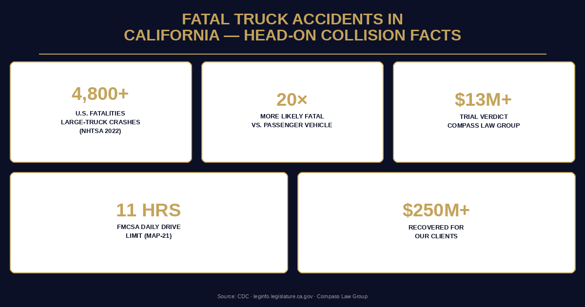 Fatal Truck Accidents in California — Head-On Collision Facts — Compass Law Group infographic