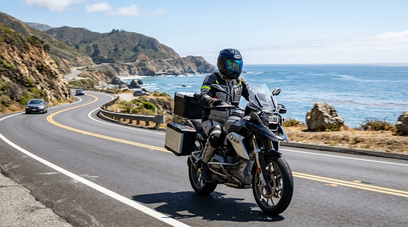 A motorcyclist in protective gear and helmet riding on a California highway