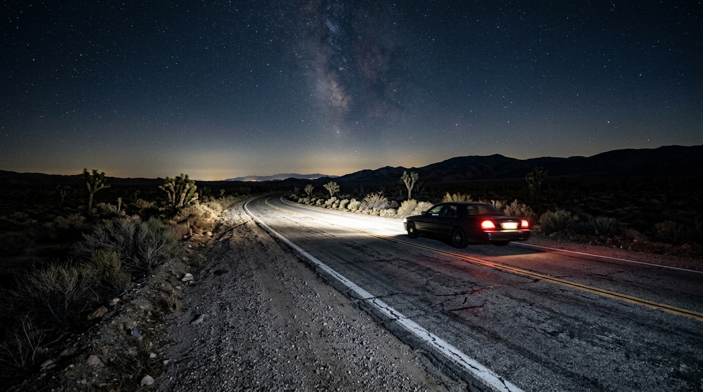 A California road at night in the Antelope Valley