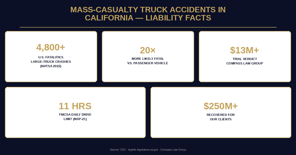 Mass-Casualty Truck Accidents in California — Liability Facts — Compass Law Group infographic