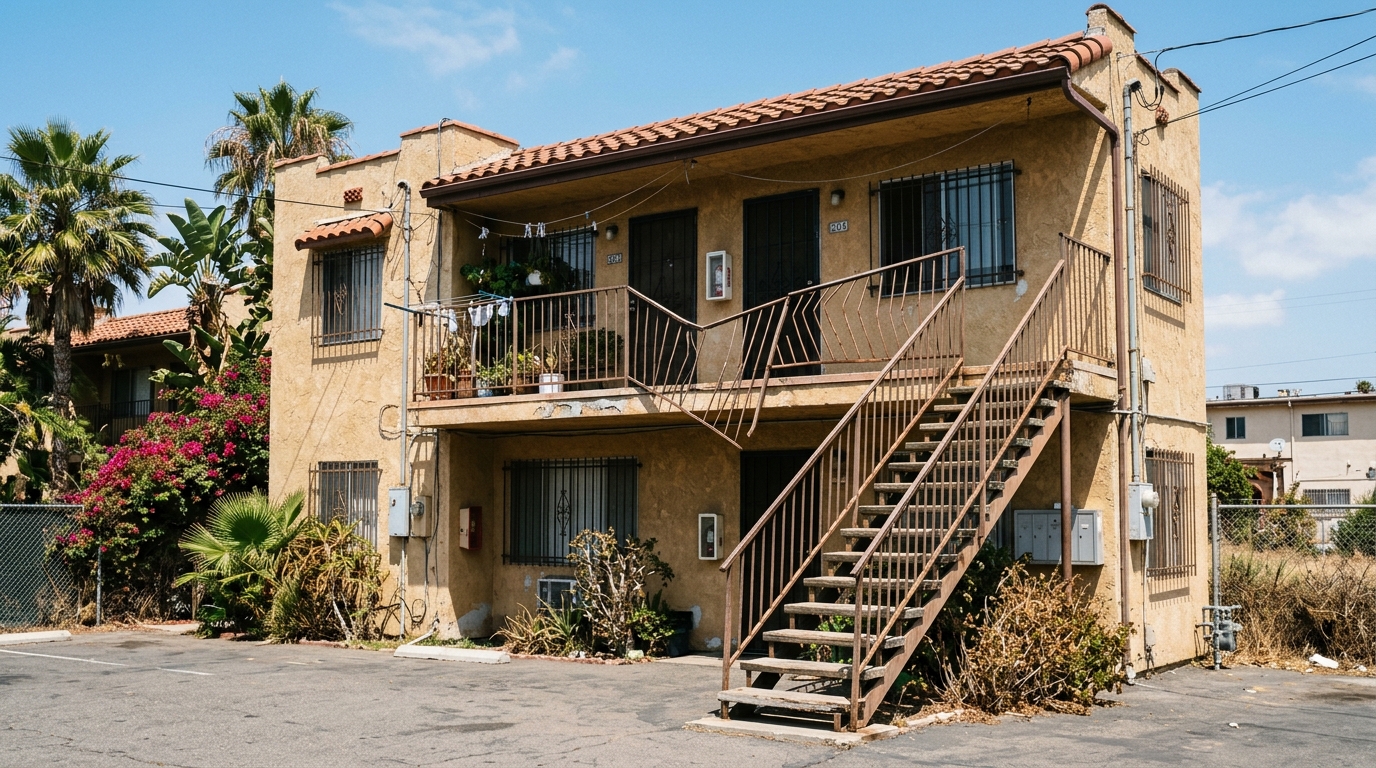 An apartment building with a damaged exterior staircase railing