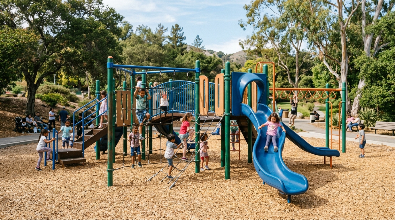 A public playground with climbing equipment and protective surfacing
