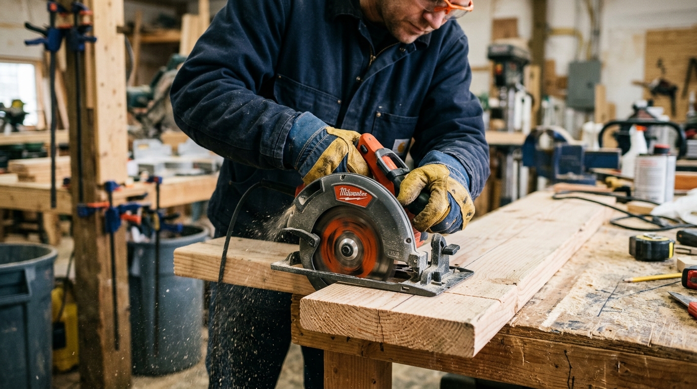 A worker in gloves operating a power circular saw on lumber