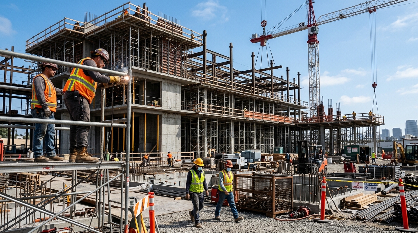 Construction workers in hard hats on a California job site near scaffolding and a crane
