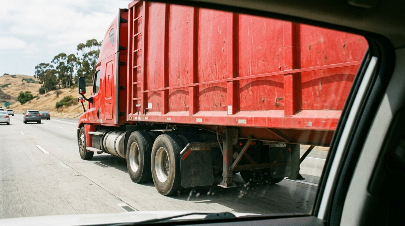View from a passenger car on a California freeway alongside the right side of a red semi-truck, the car sitting inside the tractor-trailer's largest No-Zone blind spot