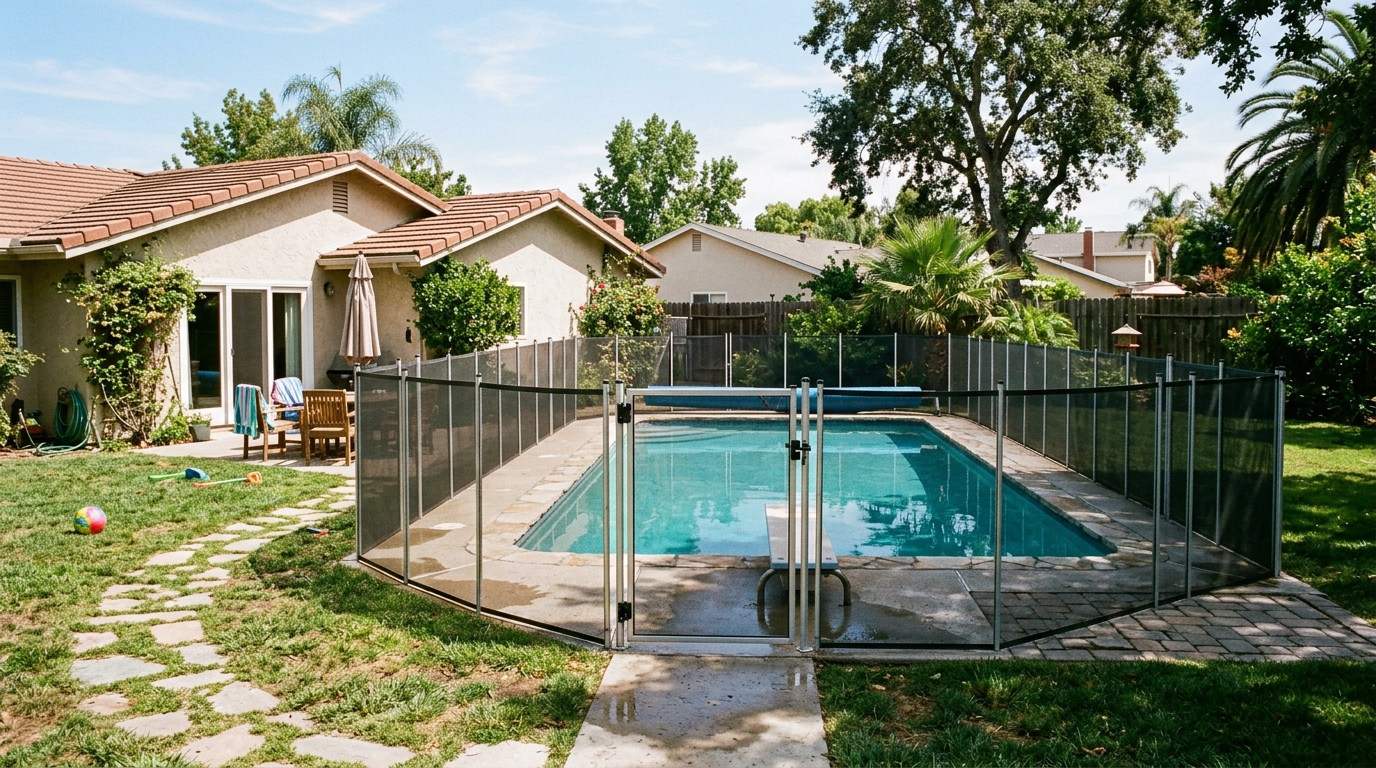 A residential backyard swimming pool with a safety fence