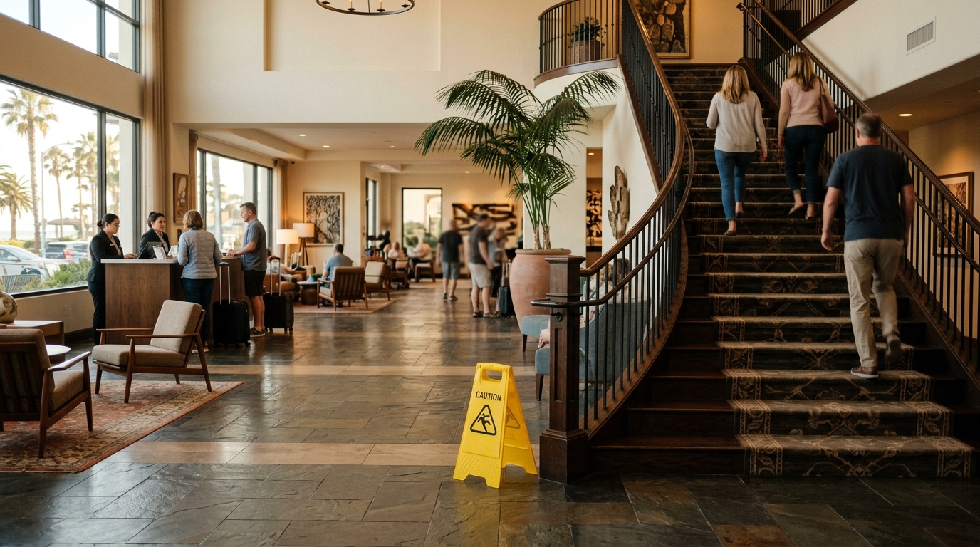 A hotel lobby with a wet-floor caution sign near a staircase