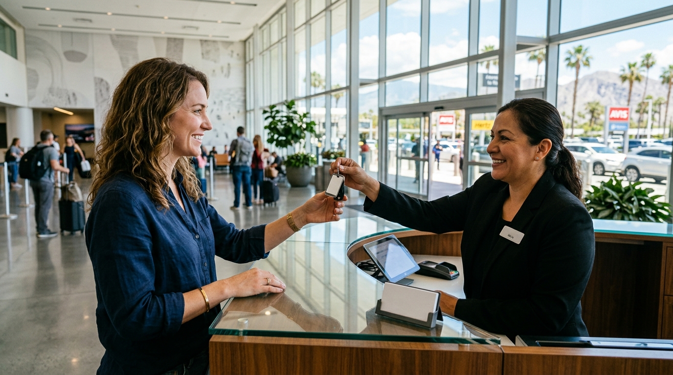 A customer receiving keys at a car rental counter