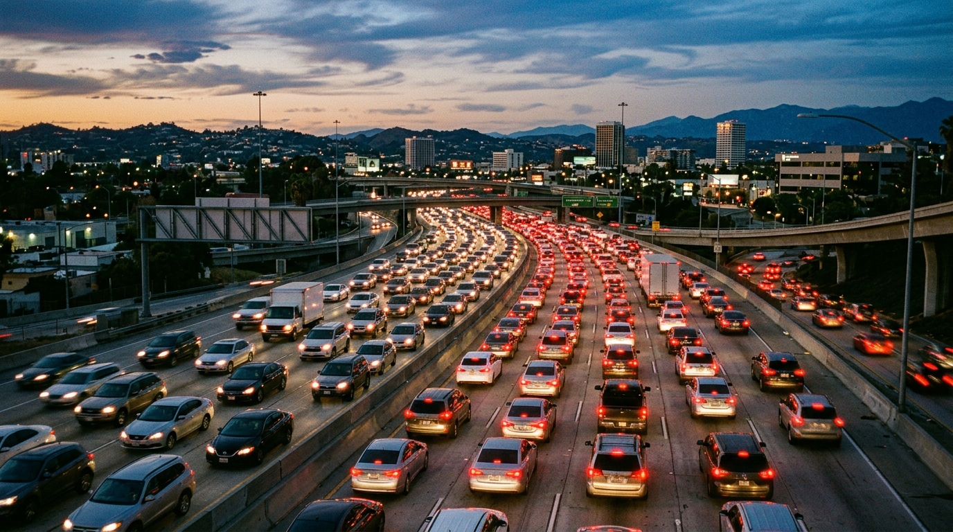 Heavy traffic with brake lights on a California freeway at dusk