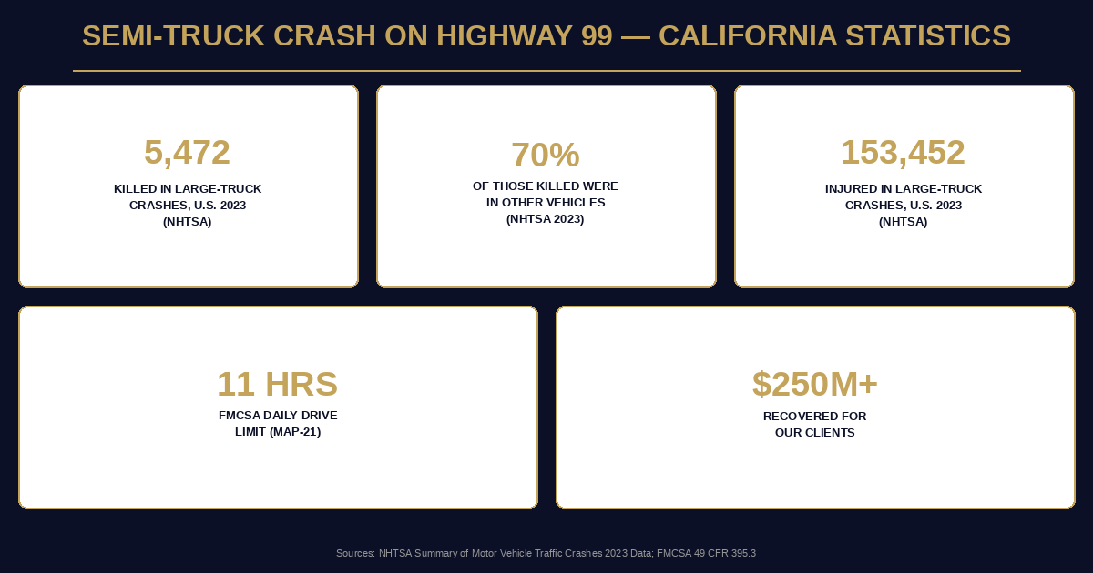 California semi-truck crash statistics infographic citing NHTSA 2023 data